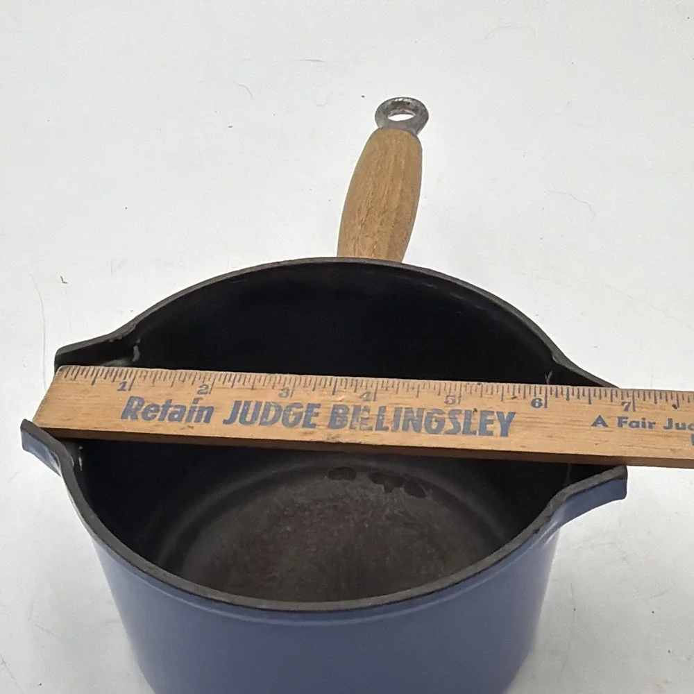 VTG Le Creuset Blue Enameled Cast Iron 1 QT Double Pour Saucepan W/Wood Handle